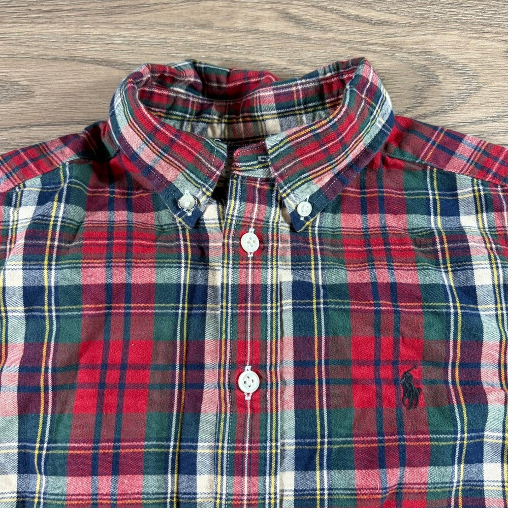 Polo Ralph Lauren Boys Plaid Button Down Shirt Red Green M 10-12 Preppy Holiday